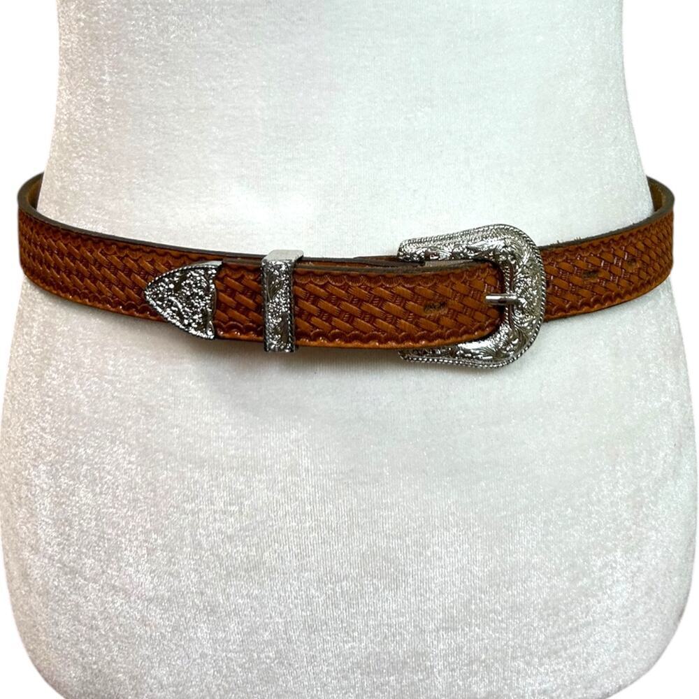 Nocona Men's Western Statement Leather Belt, Tooled Basketweave Brown, Size 30 - Picture 2 of 10